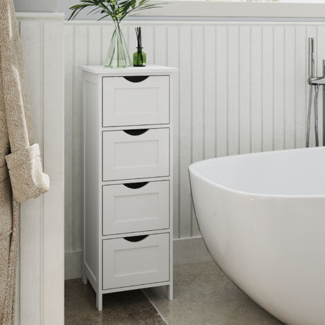 Meuble de Salle de Bain sur Pied, avec 4 Tiroirs, 30 x 30 x 82 cm, pour Salle de Bain, Salon, Salle à Manger, Cuisine, Style Moderne, Blanc