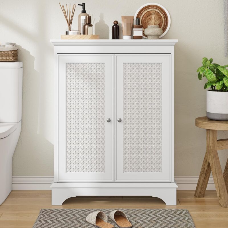 Meuble de salle de bain sur pied, avec espace de rangement, porte panier et étagères ajustables, meuble moderne blanc, pour salon et cuisine
