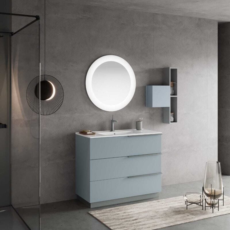 Kiamami Valentina - Meuble De Salle De Bain Sur Pied Avec Lavabo 100Cm Avec 3 Tiroirs Et Miroir New York