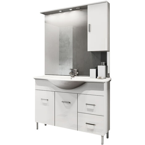 Meuble de salle de bain sur pied avec vasque, miroir et meuble haut modèle Jour 105 cm en mélaminé finition blanc brillant