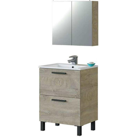 Meuble de salle de bain sur pied Dama avec lavabo et miroir 60x45 cm - Chêne Alaska