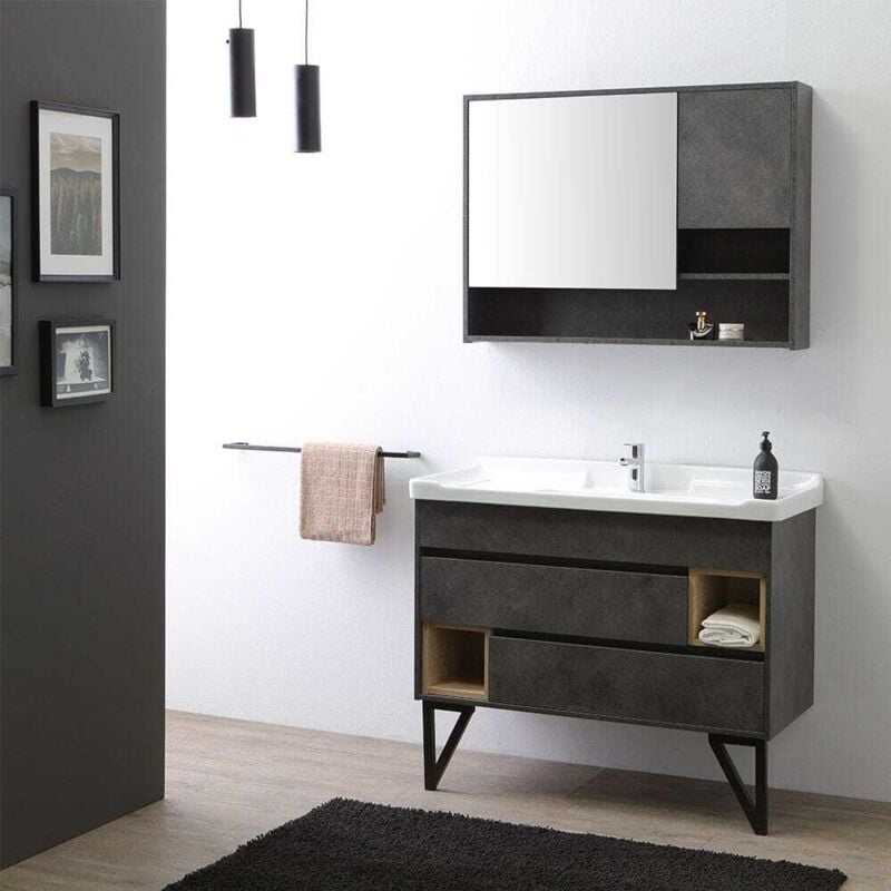 Meuble De Salle De Bain Sur Pieds 101Cm Avec Lavabo Style Industriel Miroir Vienna