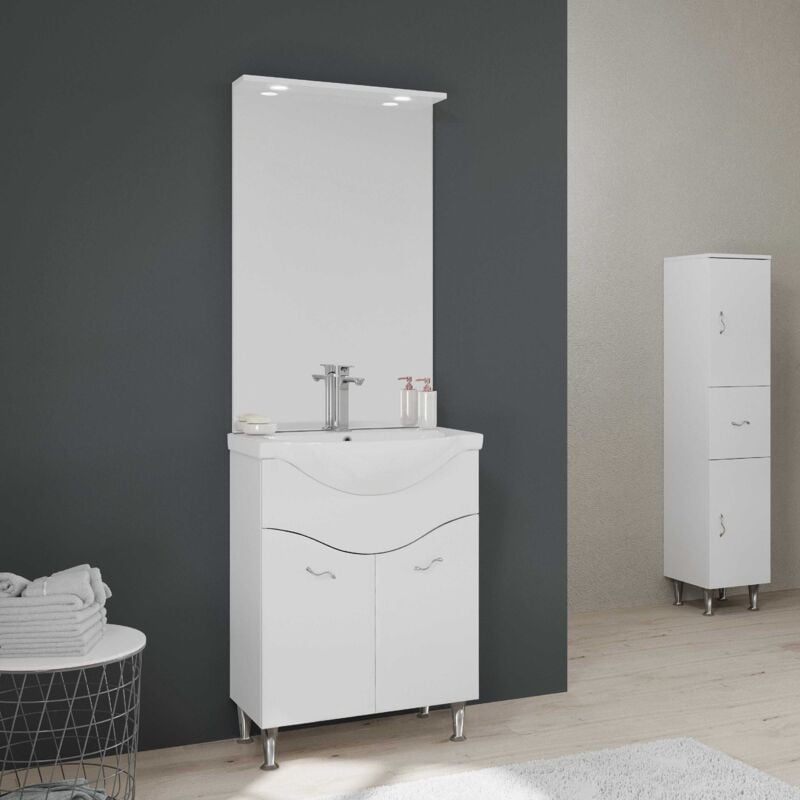 Kiamami Valentina - Meuble De Salle De Bain Sur Pieds 65Cm 2 Portes Blanc Brillant, Miroir Avec Led Easy