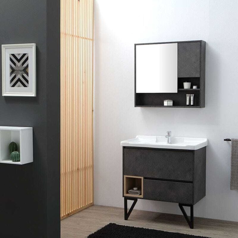 Kiamami Valentina - Meuble De Salle De Bain Sur Pieds 82Cm Gris Industriel Et Miroir-Armoire Vienna