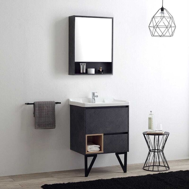 Kiamami Valentina - Meuble De Salle De Bain Sur Pieds Moderne 60Cm Gris Industriel Et Miroir-Armoire Vienna