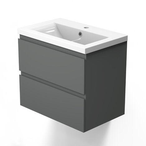 Meuble de salle de bain suspendre avec vasque 2 tiroirs fermeture amortie meuble de rangement anthracite - 60cm
