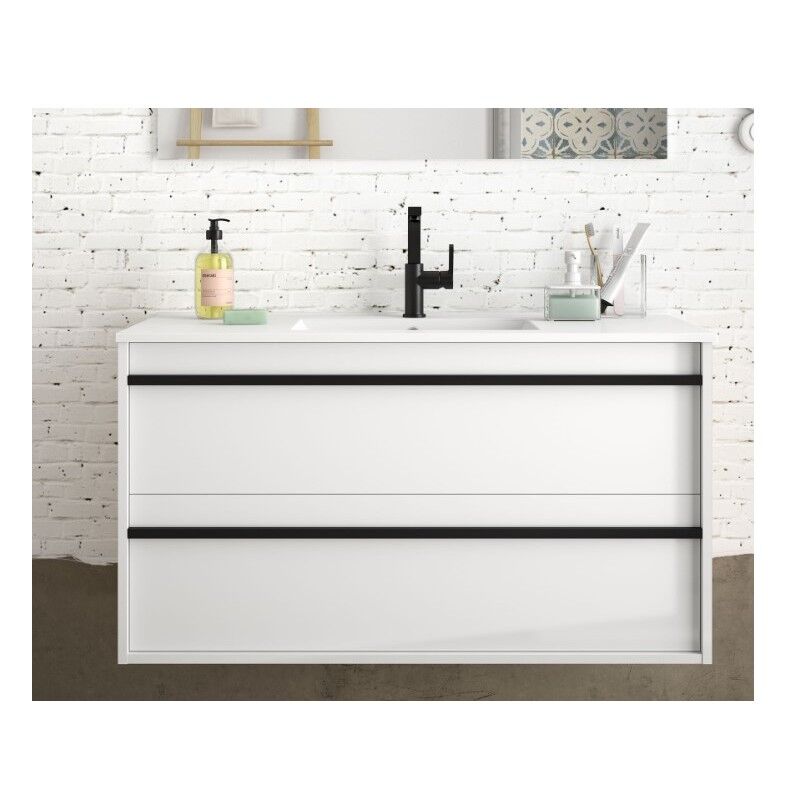 Abitare - Meuble de salle de bain suspendu 100 cm avec deux tiroirs blanc satiné avec vasque intégré - Astoria - Standard