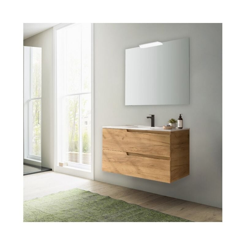 Abitare - Meuble de salle de bain suspendu 100 cm en bois de chêne africain avec lavabo intégré - Vanda - Standard