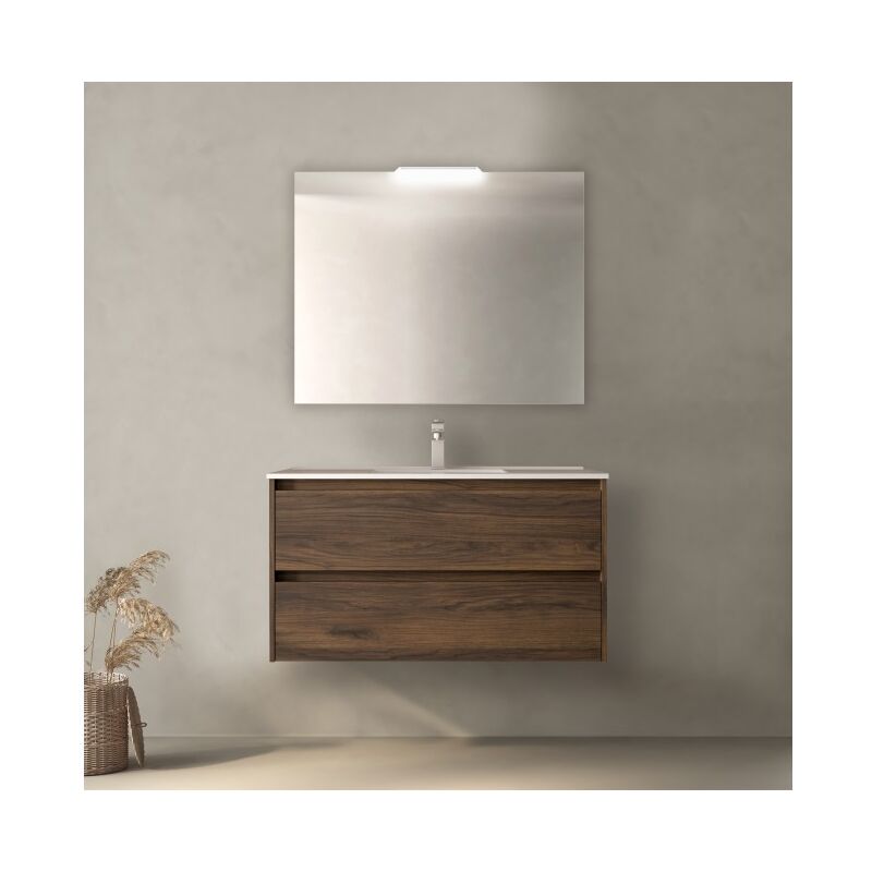 Meuble de salle de bain suspendu 100 cm en bois de noyer maya avec vasque en porcelaine - Nova - 100 cm Avec miroir et lampe LED