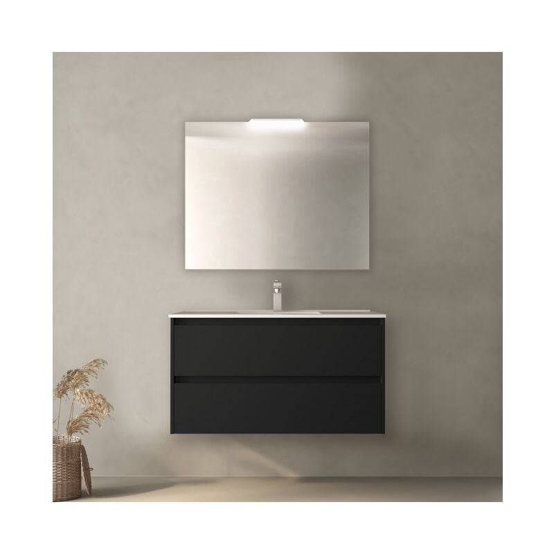 Abitare - Meuble de salle de bain suspendu 100 cm en bois noir satiné avec vasque intégré - Nova - Standard