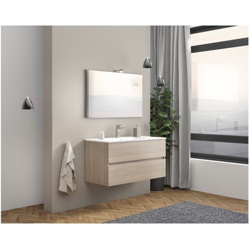 Abitare - Meuble de salle de bain suspendu 100 cm en bois de chêne fumé avec vasque et miroir - Empoli - Avec miroir et lampe led