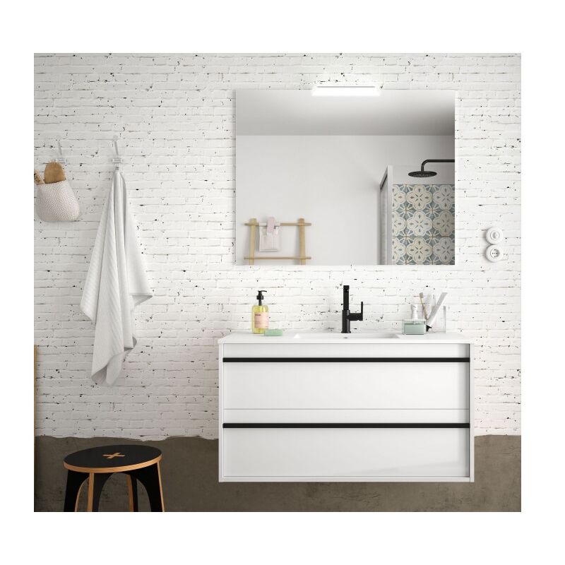 Meuble de salle de bain suspendu 100 cm en bois blanc mat avec vasque intégrée - Astoria - 100 cm Avec colonne