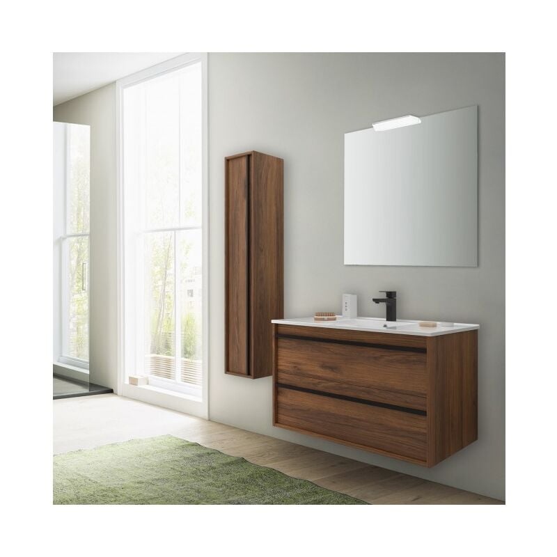 Caesaroo - Meuble de salle de bain suspendu 100 cm en bois de noyer maya avec lavabo intégré - Astoria - 100 cm Avec miroir et lampe led