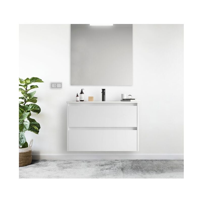 Caesaroo - Meuble de salle de bain suspendu 100 cm en bois blanc satiné avec vasque intégré - Nova - 100 cm Standard