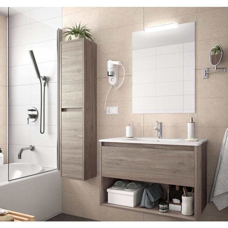 Meuble de salle de bain suspendu 100 cm Chêne eternity avec un tiroir et un espace Avec colonne, miroir et lampe led - 100 cm