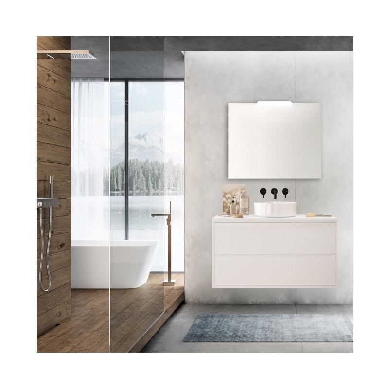Caesaroo - Meuble de salle de bain suspendu 100 cm en bois blanc satiné avec vasque - Olympus - 100 cm Standard