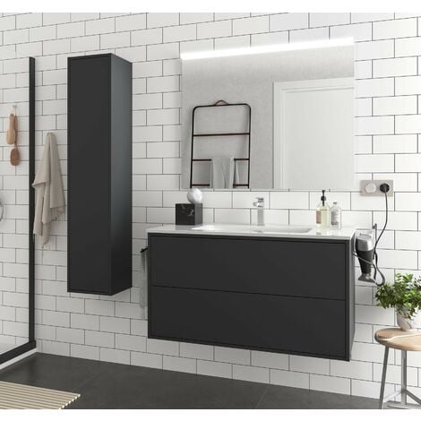 Meuble de salle de bain suspendu 100 cm Ulisse en bois Noir mat avec lavabo en porcelaine
