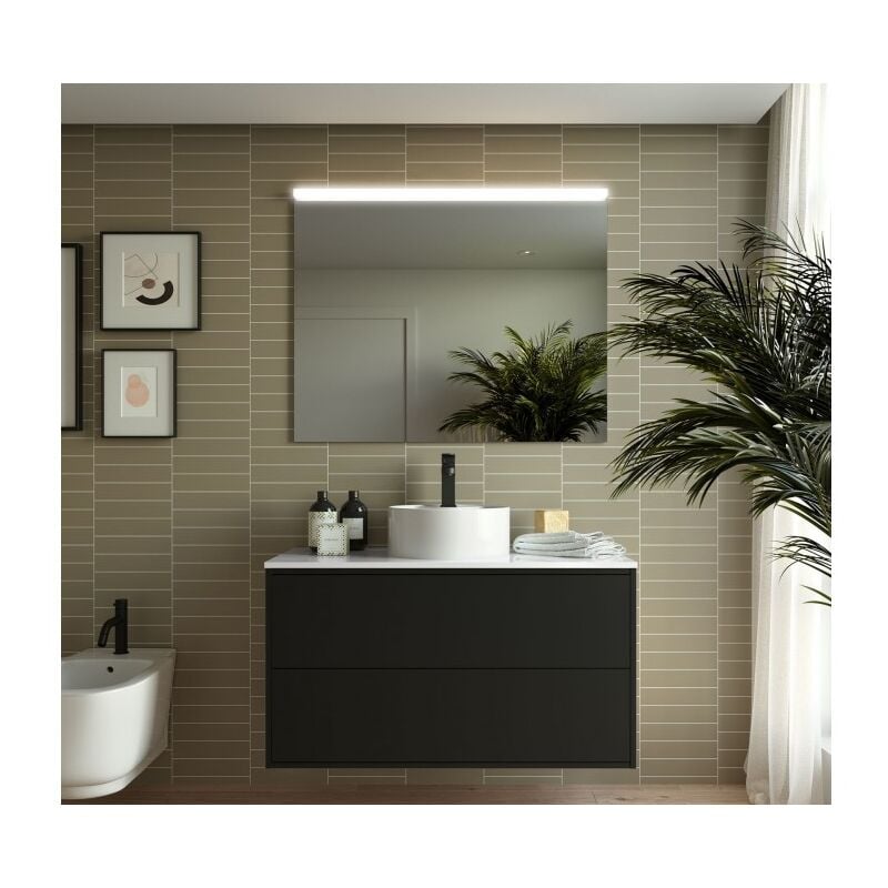 Abitare - Meuble de salle de bain suspendu 100 cm en bois noir mat avec vasque - Olympus - 100 cm Avec miroir et lampe led