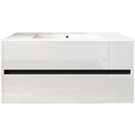 Meuble de salle de bain suspendu 100cm DOUBLE EDGE blanc brillant - Vasque en céramique