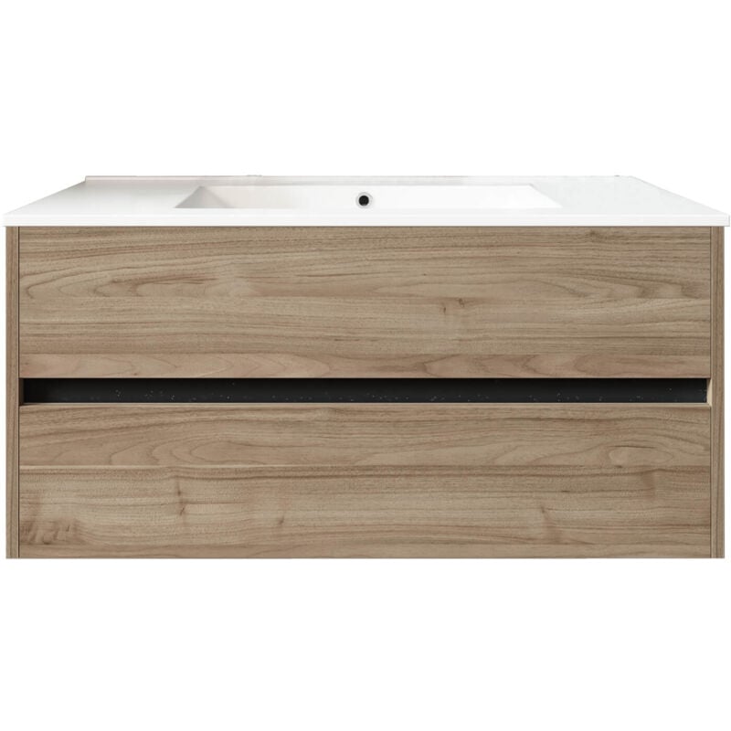 Mennza - Meuble de salle de bain suspendu 100cm double edge bois clair - Vasque en céramique