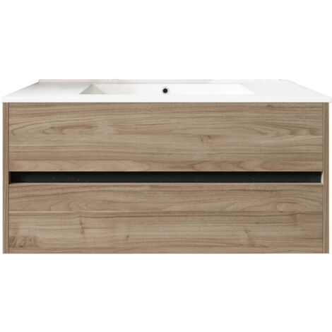 Meuble de salle de bain suspendu 100cm DOUBLE EDGE bois clair - Vasque en céramique