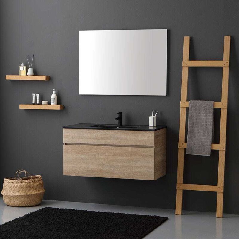 Kiamami Valentina - Meuble De Salle De Bain Suspendu 100Cm En Chêne Well Avec Lavabo En Noir Mat Sole