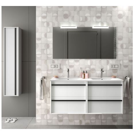 Meuble de salle de bain suspendu 120 cm en bois Blanc brillant avec lavabo en porcelaine