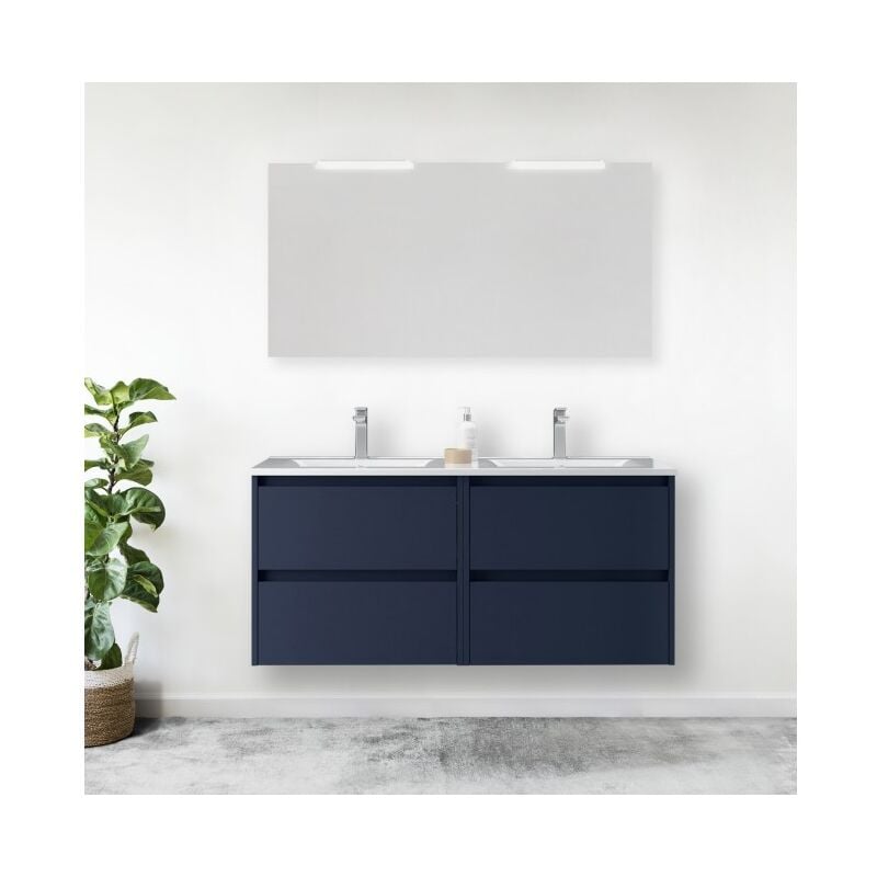 Abitare - Meuble de salle de bain suspendu 120 cm en bois bleu satiné avec vasque intégrée - Nova - Standard