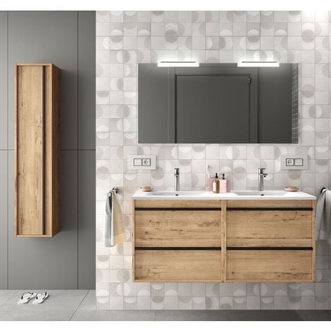 Meuble de salle de bain suspendu 120 cm en bois couleur chêne claire avec lavabo en porcelaine