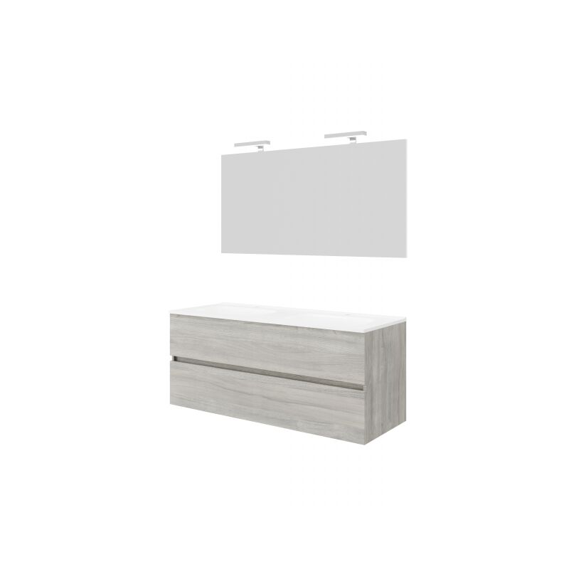 Abitare - Meuble de salle de bain suspendu 120 cm en bois de chêne gris avec vasque et miroir - Empoli - Avec double miroir et lampe led
