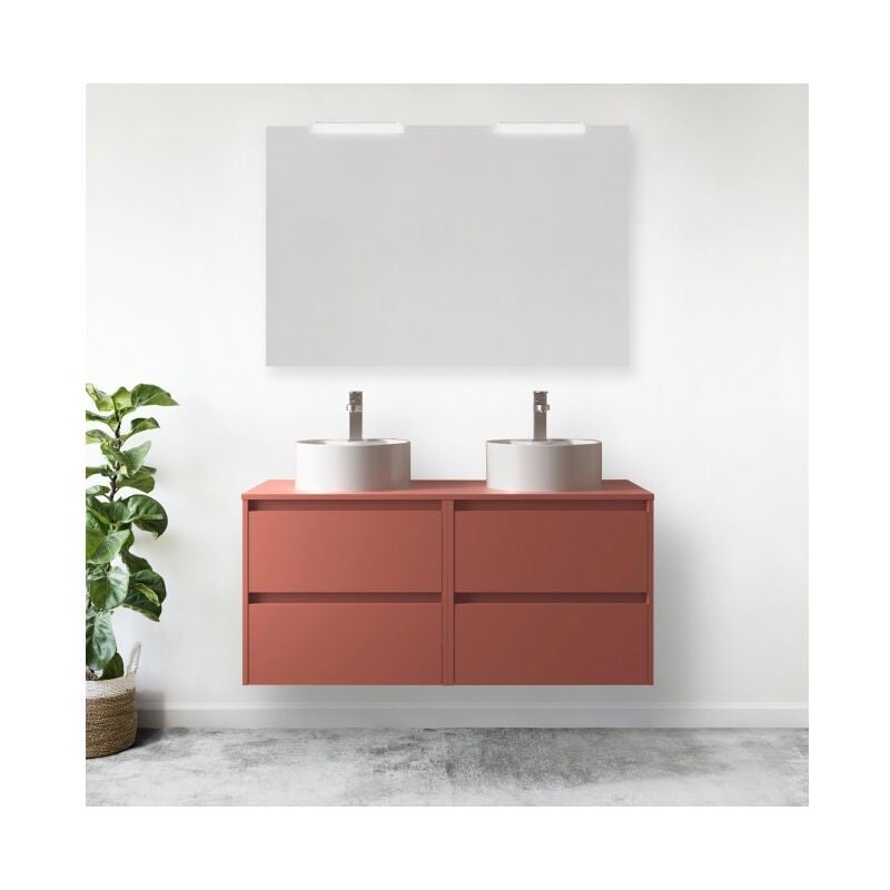 Abitare - Meuble de salle de bain suspendu 120 cm en bois rouge satiné avec vasque à poser - Nova - Avec miroir et double lampe led