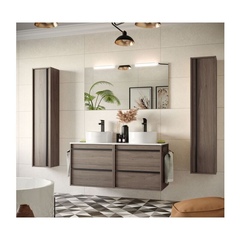 Abitare - Meuble de salle de bain suspendu 120 cm en bois de chêne éternité avec vasque - Astoria - 120 cm Avec double miroir et lampe led