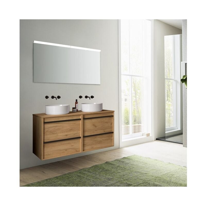 Meuble de salle de bain suspendu 120 cm en bois de chêne africain avec vasque - Astoria - 120 cm Avec miroir double colonne et double lampe LED