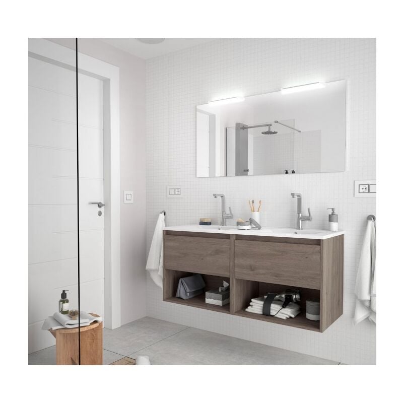 Meuble de salle de bain suspendu Nova 120 cm en bois de chêne éternité avec lavabo intégré - 120 cm Avec double miroir et lampe led