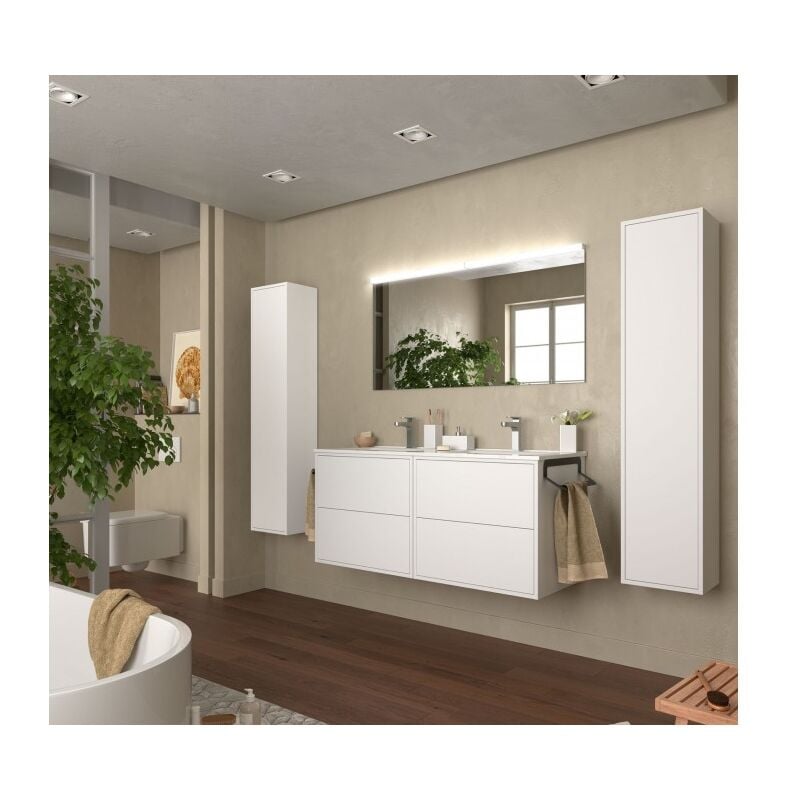 Abitare - Meuble de salle de bain suspendu 120 cm en bois blanc satiné avec vasque intégrée en porcelaine - Olympus - 120 cm Standard