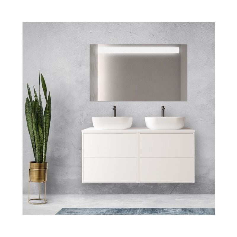 Abitare - Meuble de salle de bain suspendu 120 cm en bois blanc satiné avec vasque double vasque - Olympus - 120 cm Avec double miroir et lampe led