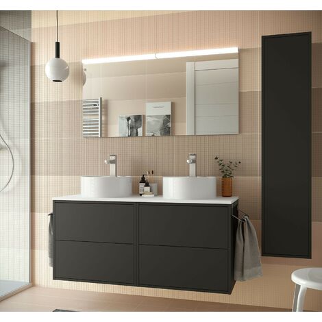 Meuble de salle de bain suspendu 120 cm Ulisse en bois Noir mat avec double lavabo à poser