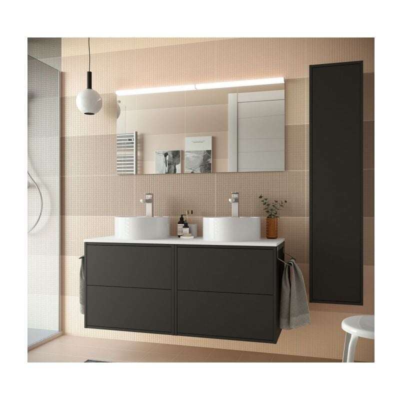 Abitare - Meuble de salle de bain suspendu 120 cm en bois noir mat avec double vasque - Olympus - 120 cm Avec double miroir et lampe led