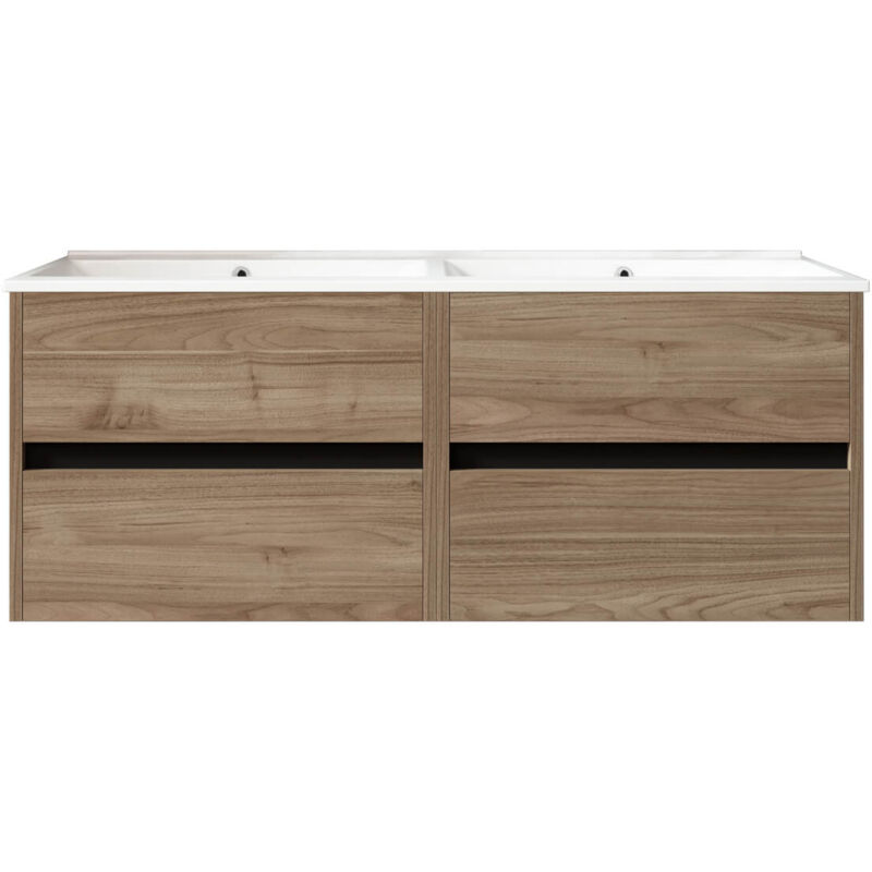 Mennza - Meuble de salle de bain suspendu 120cm double edge bois clair - Vasque en céramique