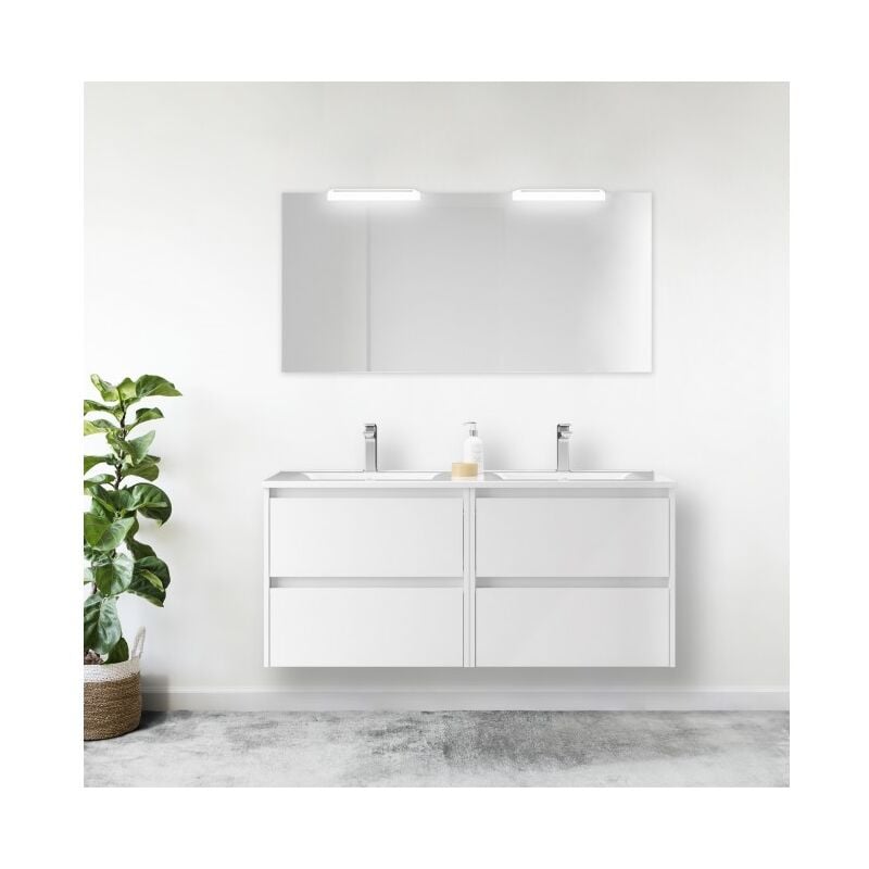 Meuble de salle de bain suspendu 140 cm en bois blanc brillant avec vasque intégrée - Nova - 140 cm Avec double miroir et lampe led