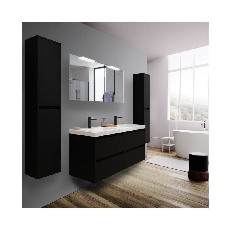 Abitare - Meuble de salle de bain suspendu 140 cm en bois noir satiné avec vasque intégrée - Nova - 140 cm Avec double miroir et lampe led