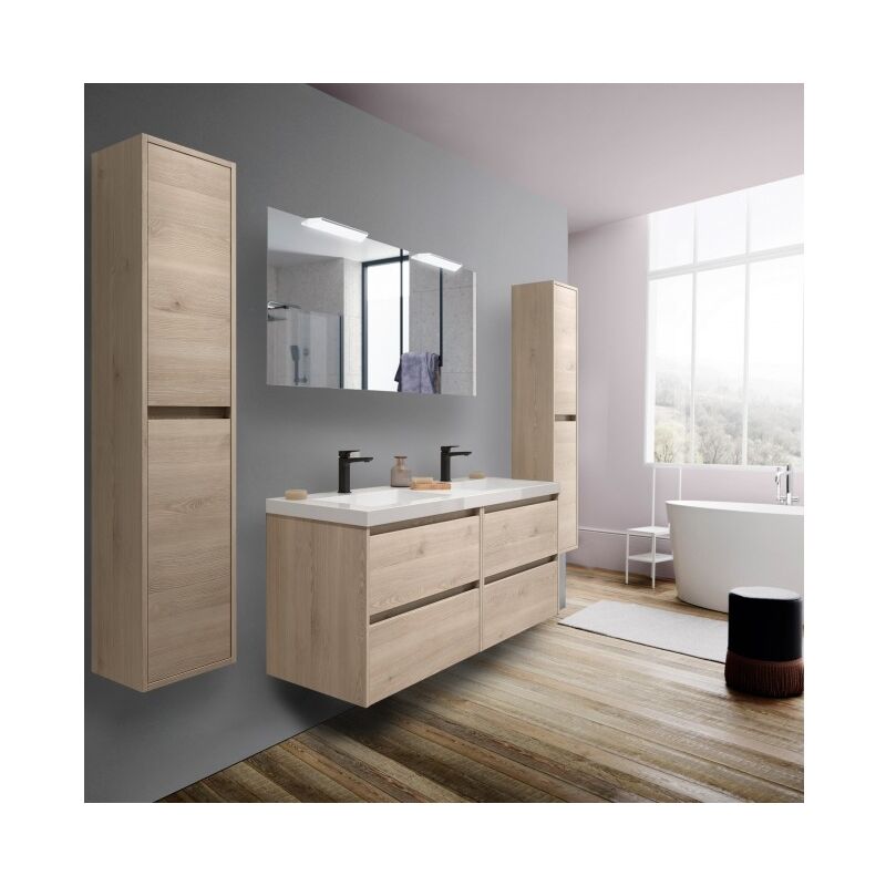 Abitare - Meuble de salle de bain suspendu en bois naturel 140 cm avec vasque intégré - Nova - 140 cm Avec double miroir et lampe led