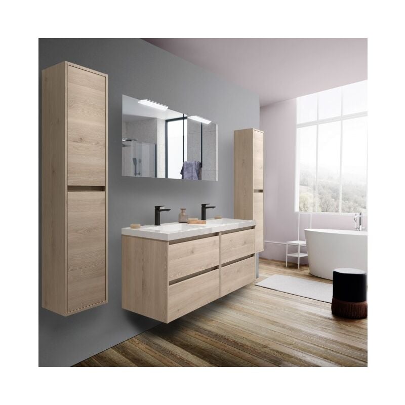 Abitare - Meuble de salle de bain suspendu en bois naturel 140 cm avec vasque intégré - Nova - 140 cm Standard