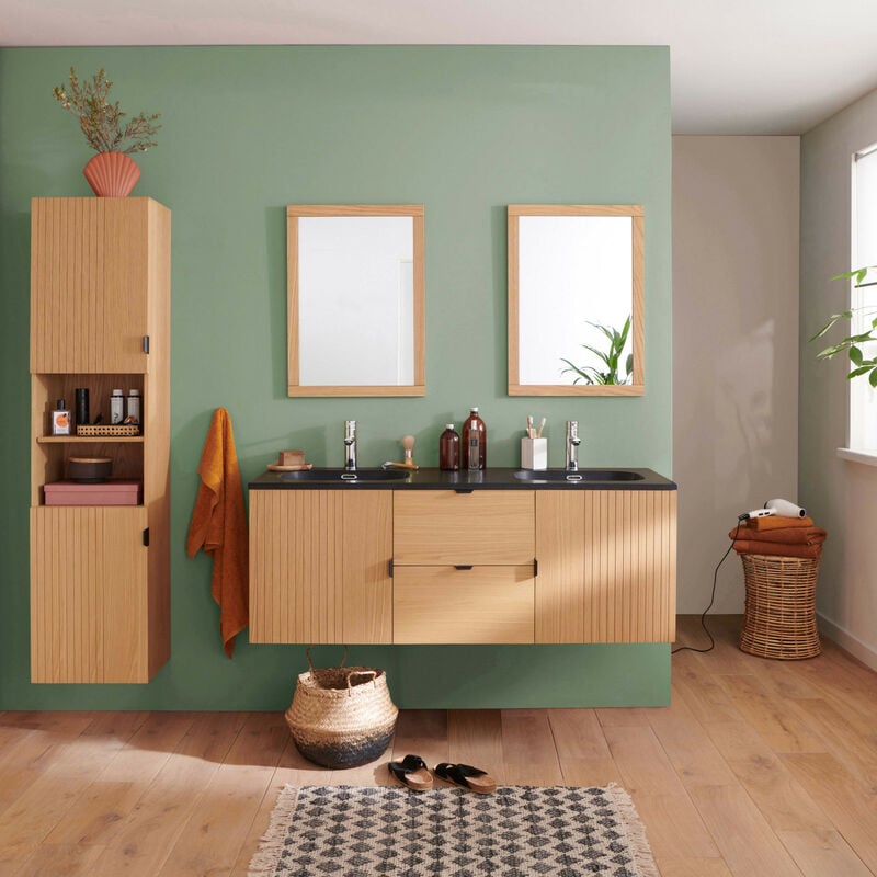 Mob-in - Meuble double vasque 140cm chêne studio suspendu + miroir carré + colonne