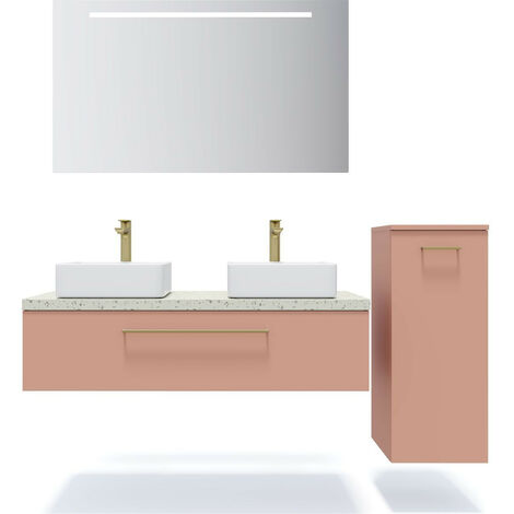 Meuble de salle de bain suspendu 2 vasques à poser 120cm 1 tiroir Abricot + miroir + colonne ouverture droite - Glasgow