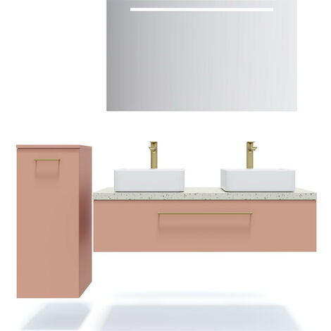 Meuble de salle de bain suspendu 2 vasques à poser 120cm 1 tiroir Abricot + miroir + colonne ouverture gauche - Glasgow