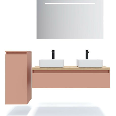 Meuble de salle de bain suspendu 2 vasques à poser 120cm 1 tiroir Abricot + miroir + colonne ouverture gauche - Hudson