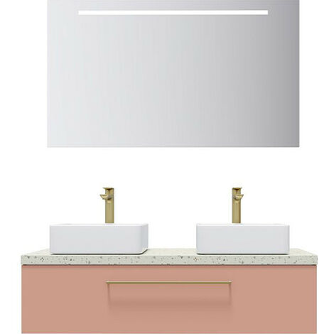 Meuble de salle de bain suspendu 2 vasques à poser 120cm 1 tiroir Abricot + miroir - Glasgow