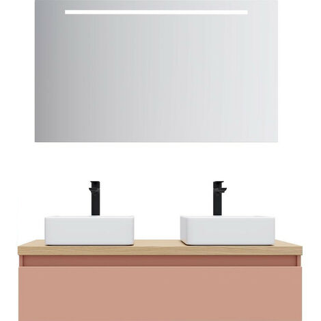 Meuble de salle de bain suspendu 2 vasques à poser 120cm 1 tiroir Abricot + miroir - Hudson