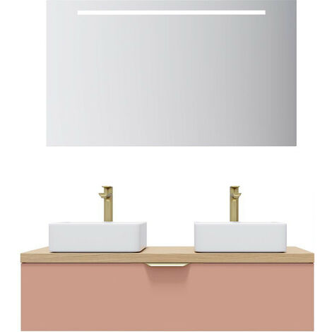 Meuble de salle de bain suspendu 2 vasques à poser 120cm 1 tiroir Abricot + miroir - Venice